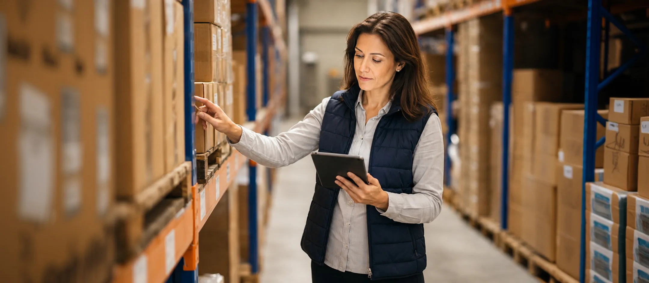 Worker using a tablet while checking stock on a shelf