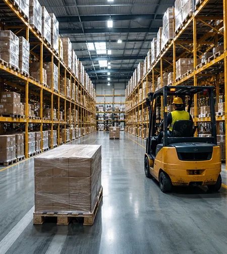 Forklift moving a pallet in a warehouse aisle