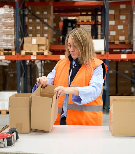 Worker packing a box in a warehouse