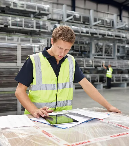 Worker reviewing documents on packages
