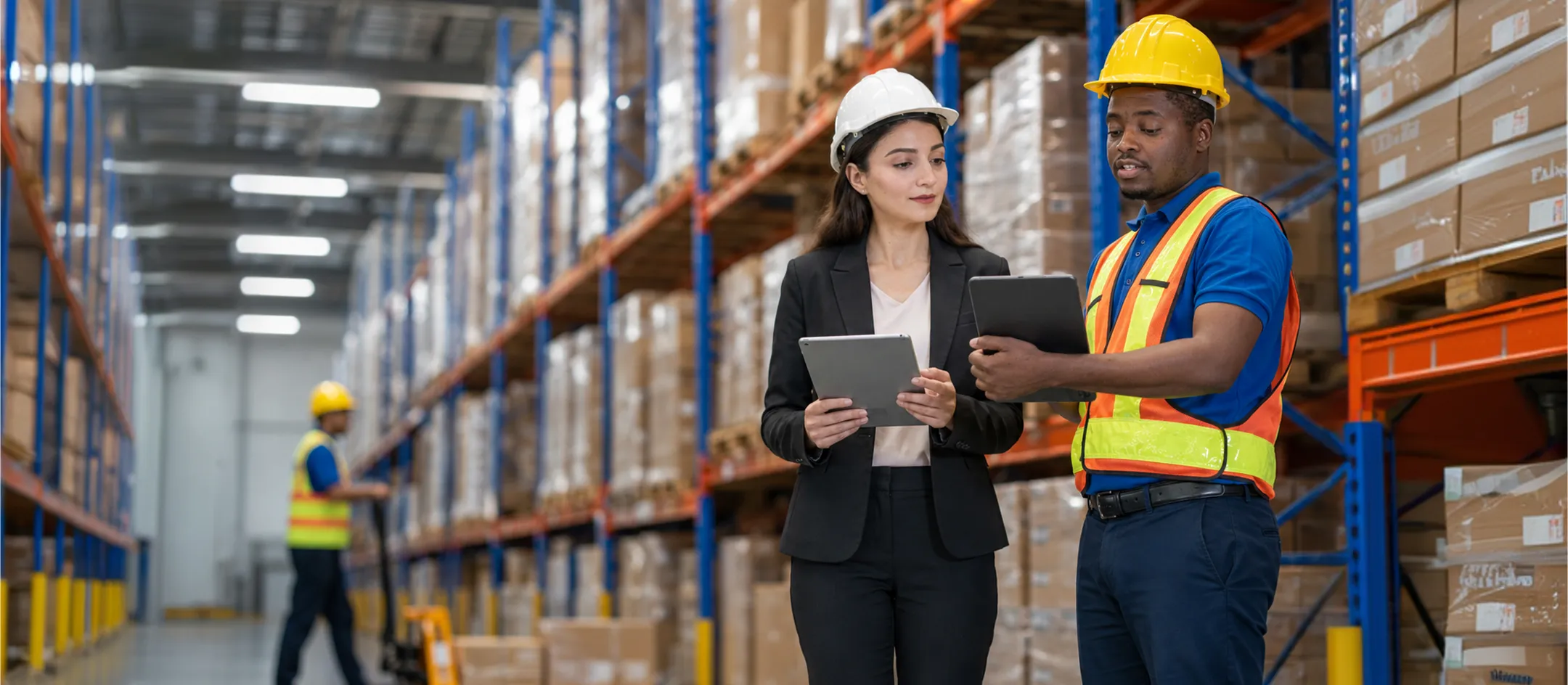 Two colleagues walking a warehouse aisle with a tablet
