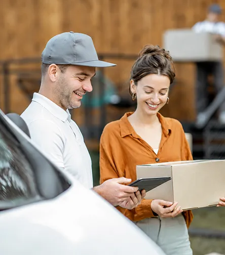 Delivery driver handing a parcel to a customer