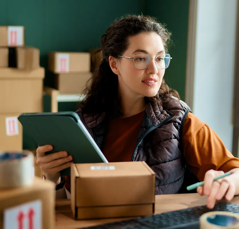 Woman using a tablet while packing a parcel