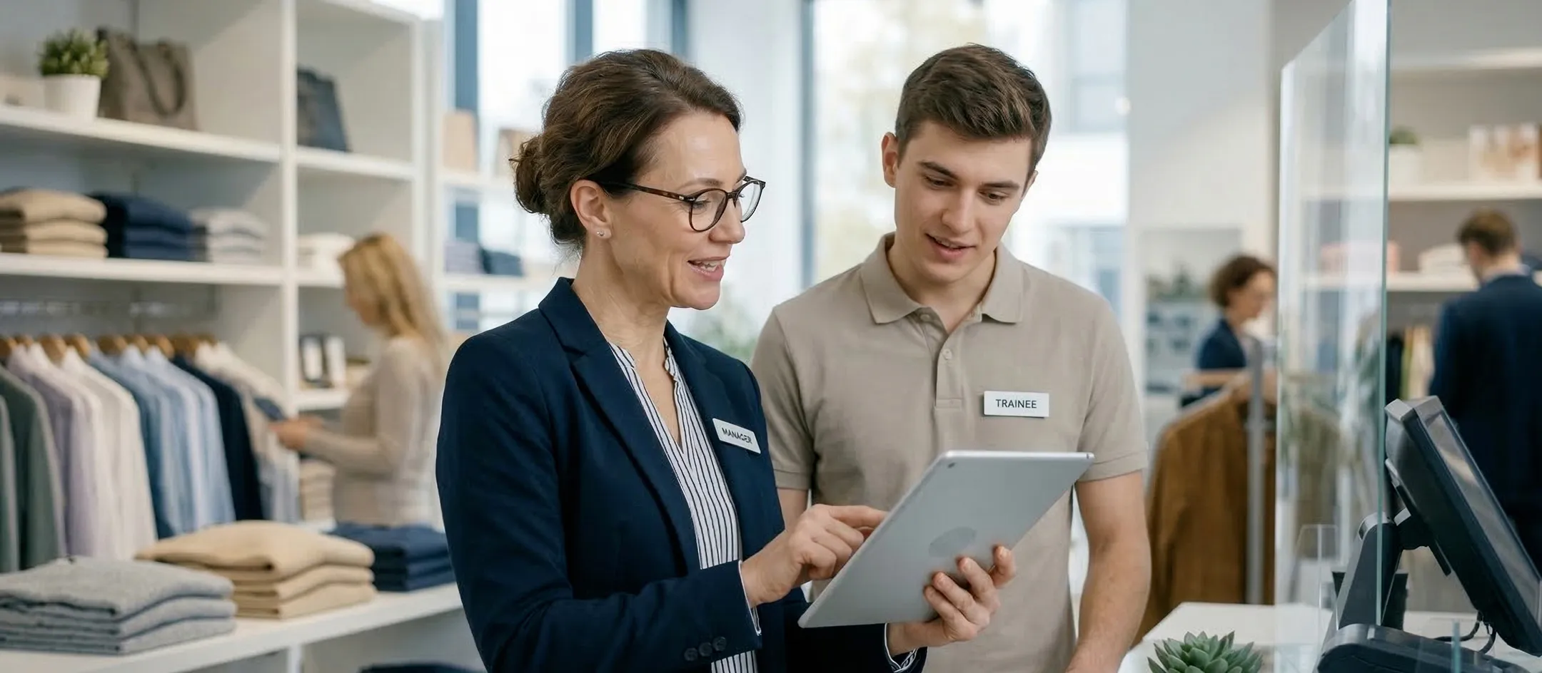 Two colleagues using a tablet in a clothing store