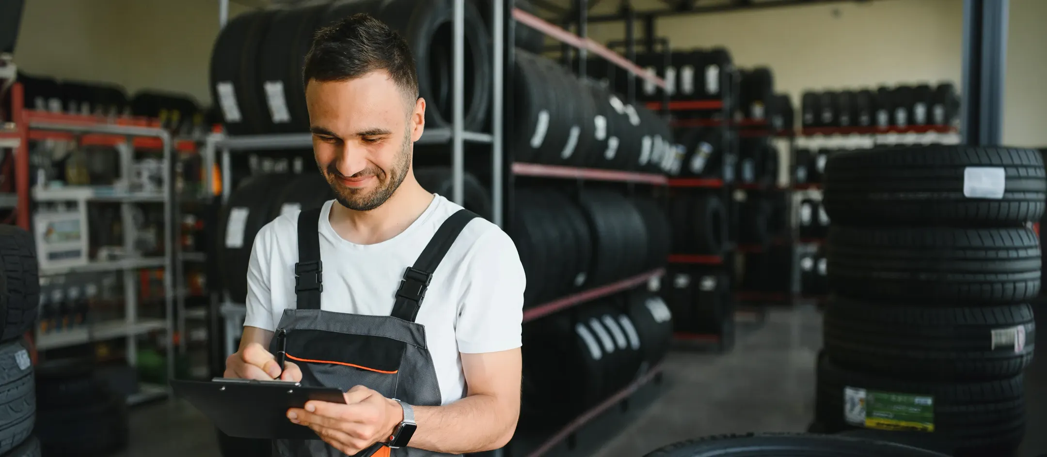 Worker using a handheld device in a tyre store