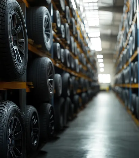 Tyres stacked in a warehouse aisle