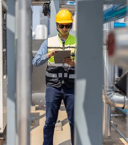 Worker using a tablet at pipework