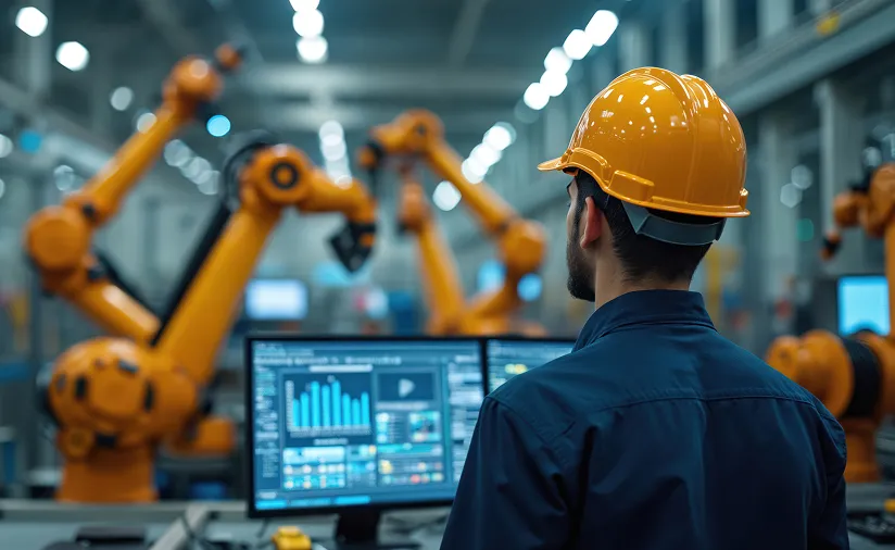 Worker by robotic arms and dashboards