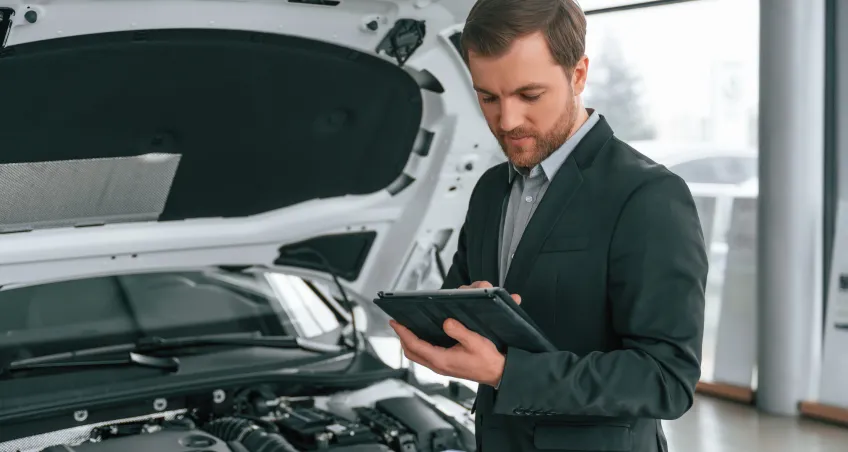 Man using a tablet by an open car bonnet