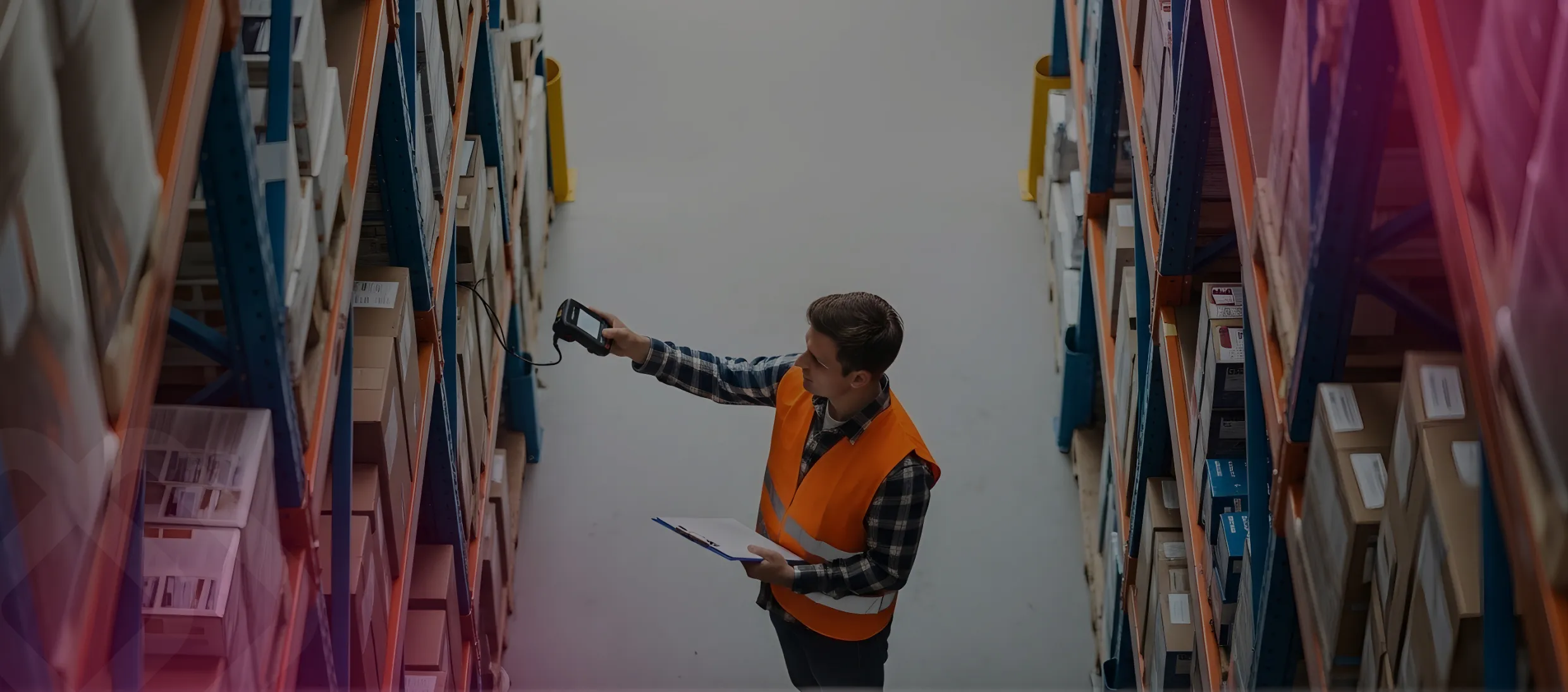 Worker with a clipboard by warehouse shelves