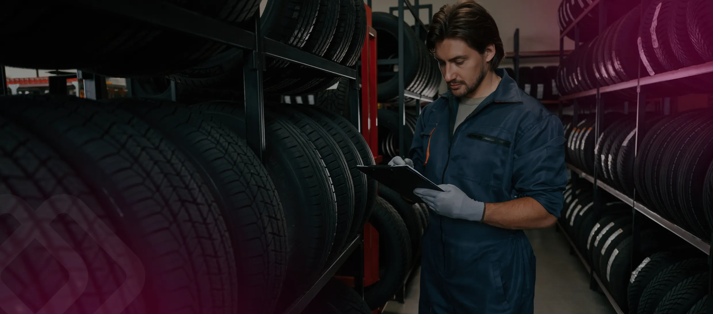 Mechanic inspecting tyres in a workshop