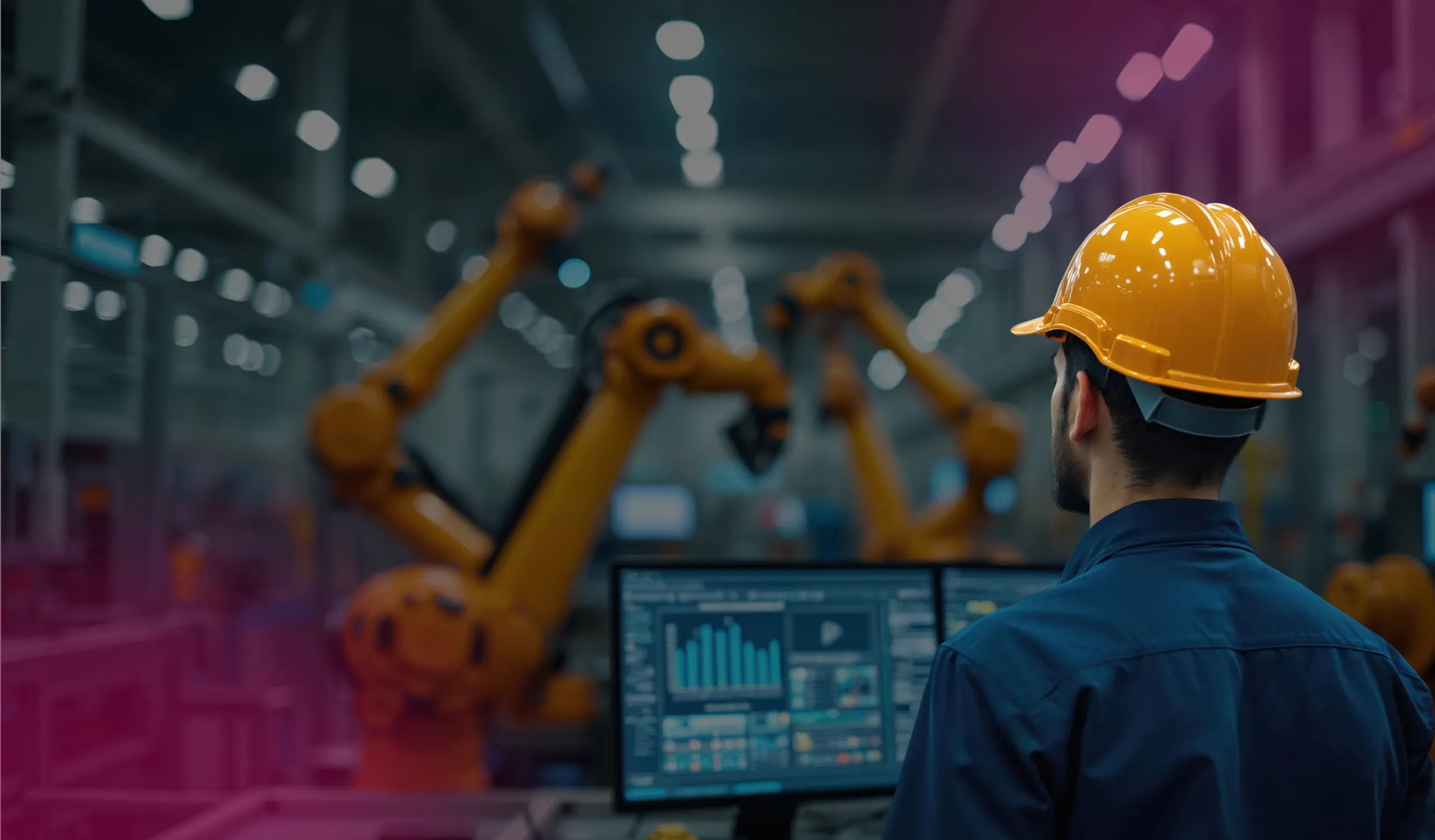 Worker by a robotic arm with dashboards
