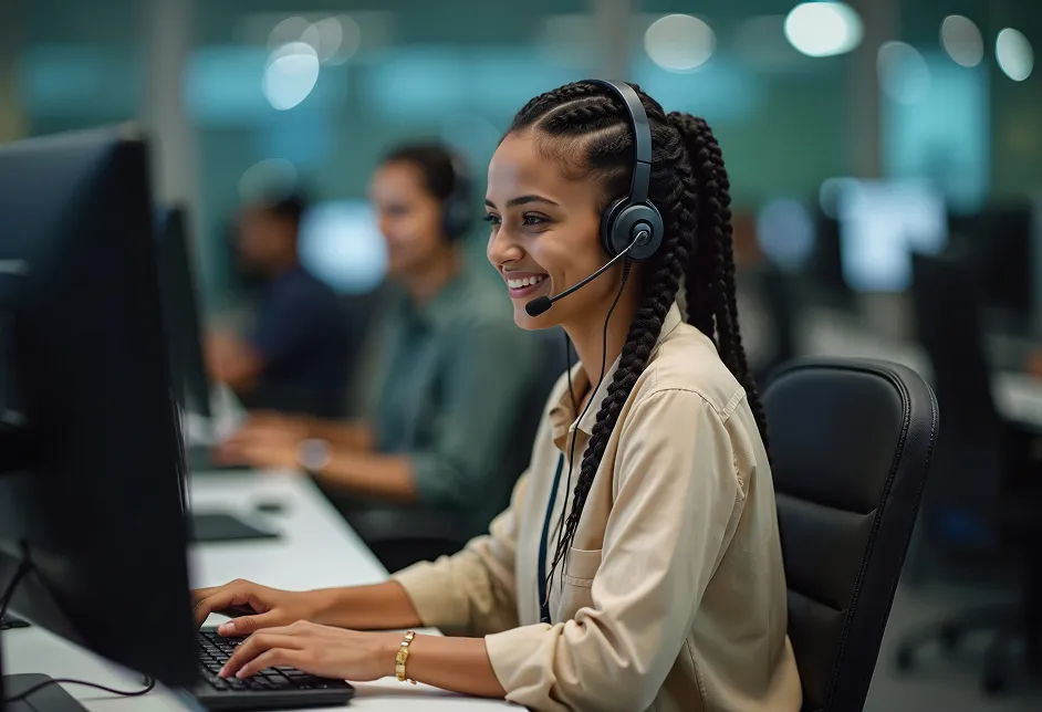 Smiling call centre agent at a computer
