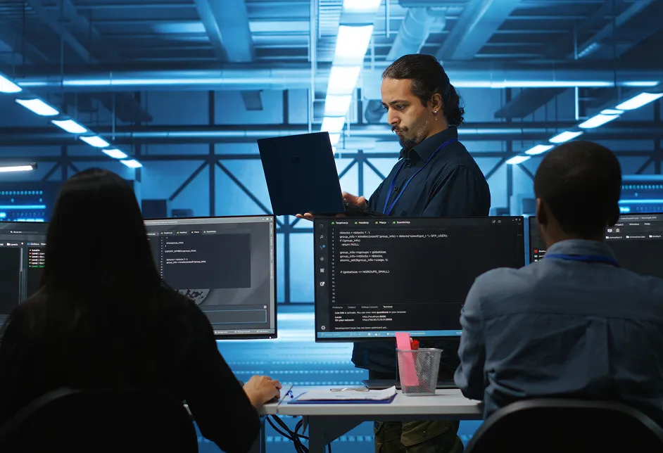 Technicians at a workstation with code on screen