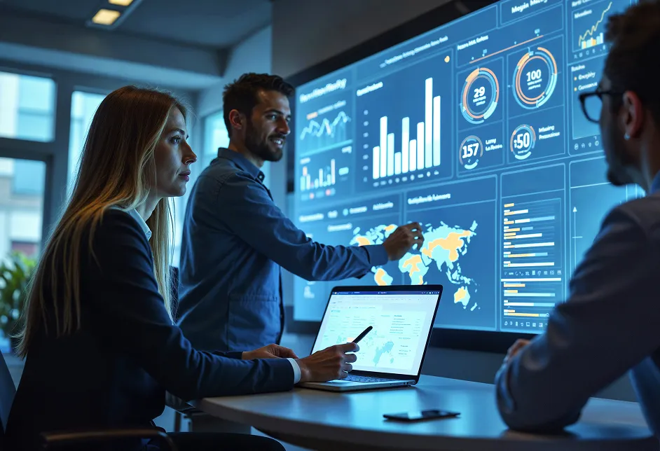 Team reviewing a data dashboard on a screen