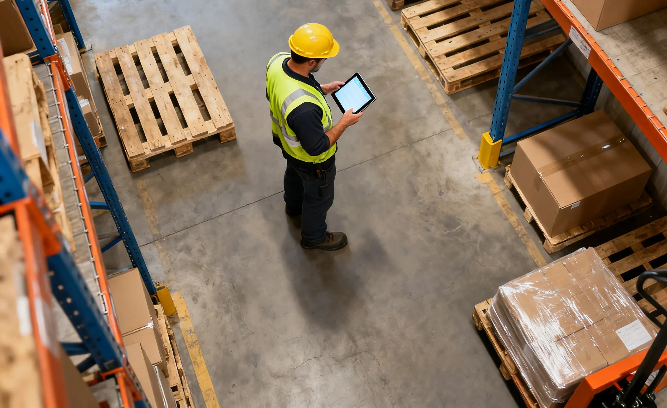Worker in hi-vis with a tablet by pallets