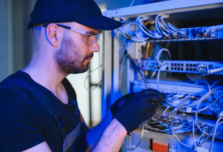Worker fixing cables in a server room