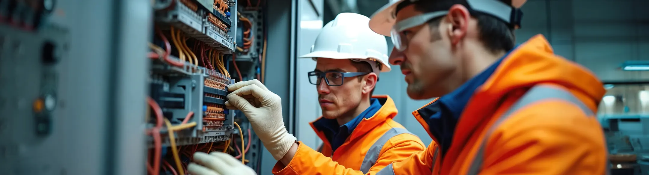 Workers inspecting an electrical panel