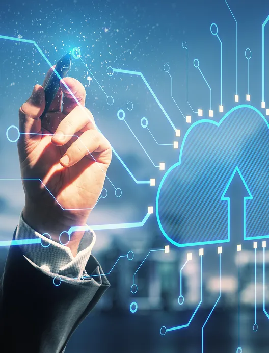 Hand touching a cloud technology graphic