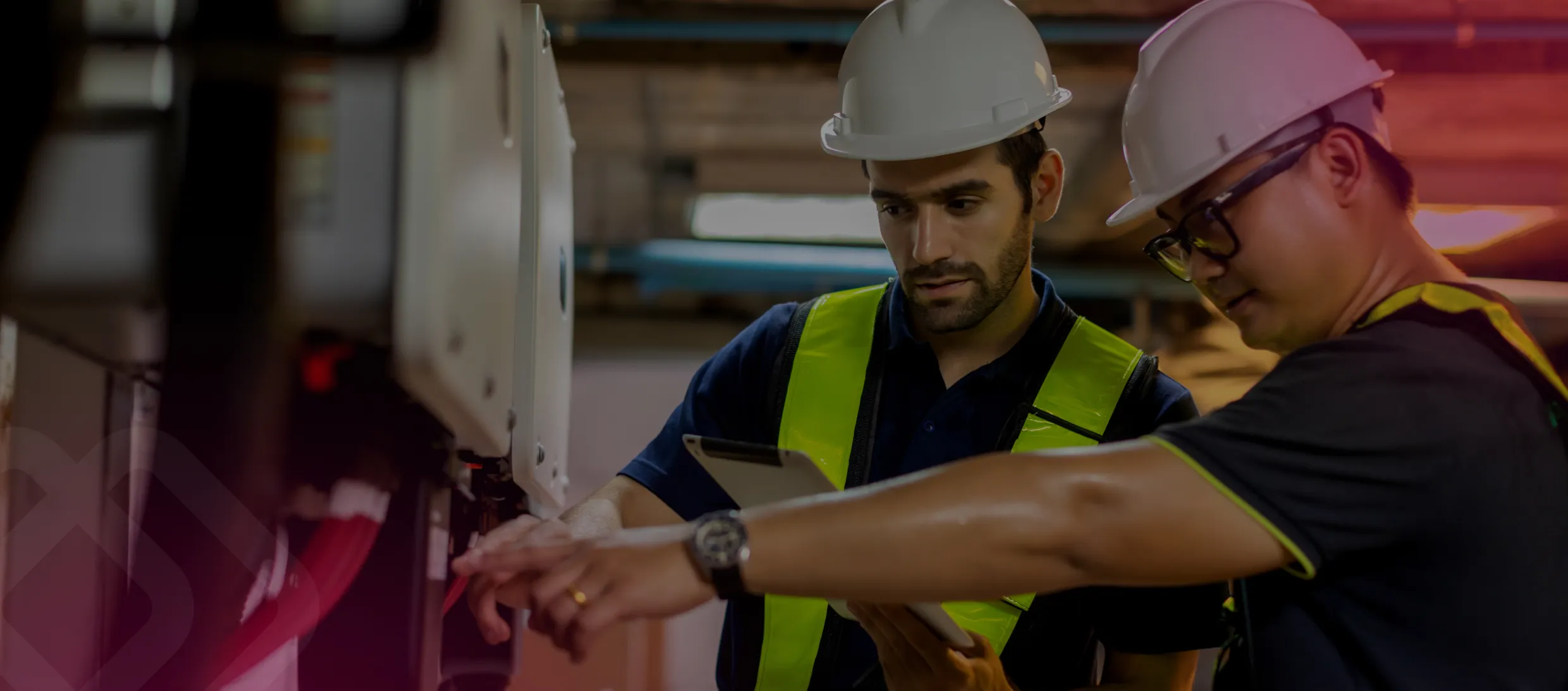 Two workers in hard hats at machinery