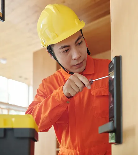 Worker fitting a door lock