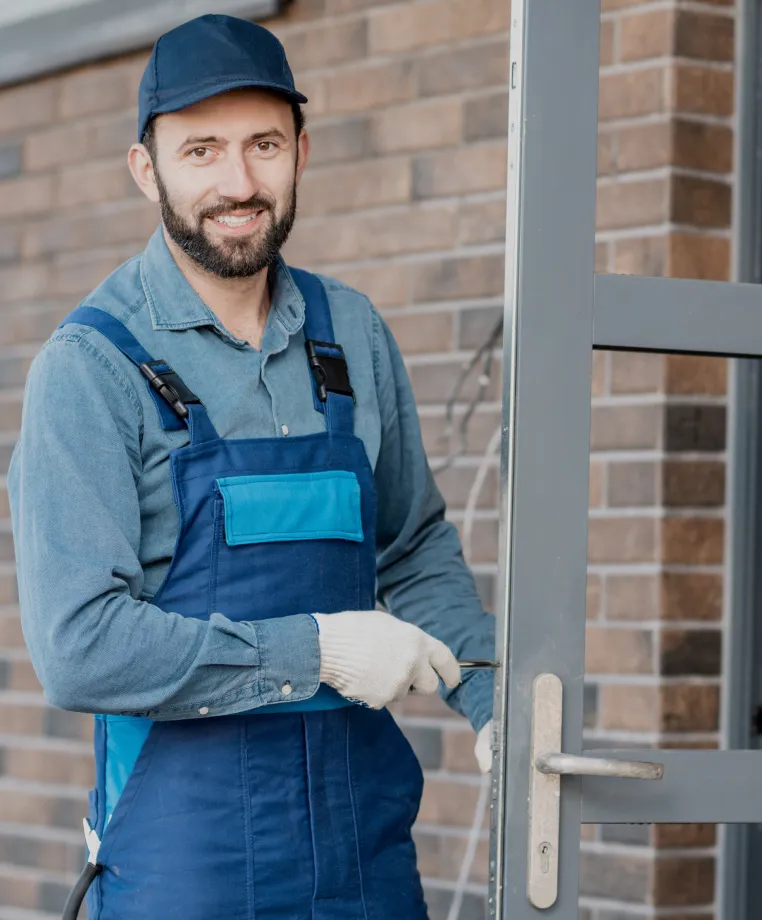 Smiling tradesman by a glass door