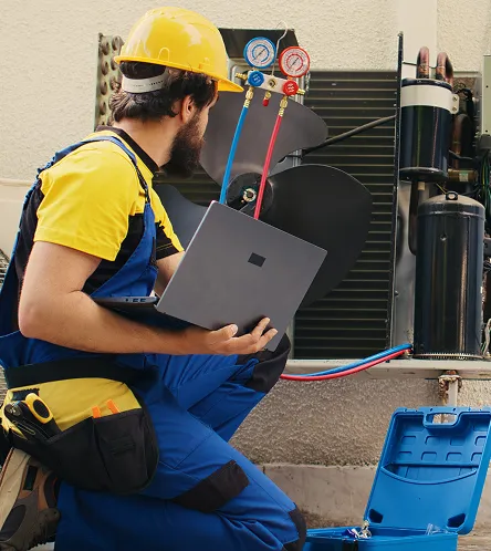 Worker using a laptop at an HVAC unit