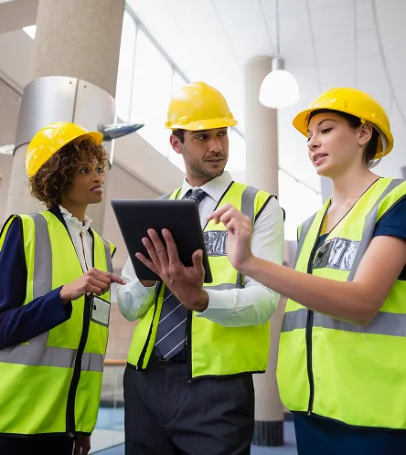 Three workers in hi-vis using a tablet