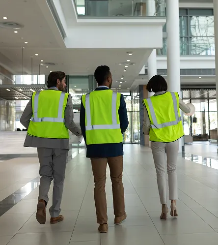 Three colleagues in hi-vis walking through a building