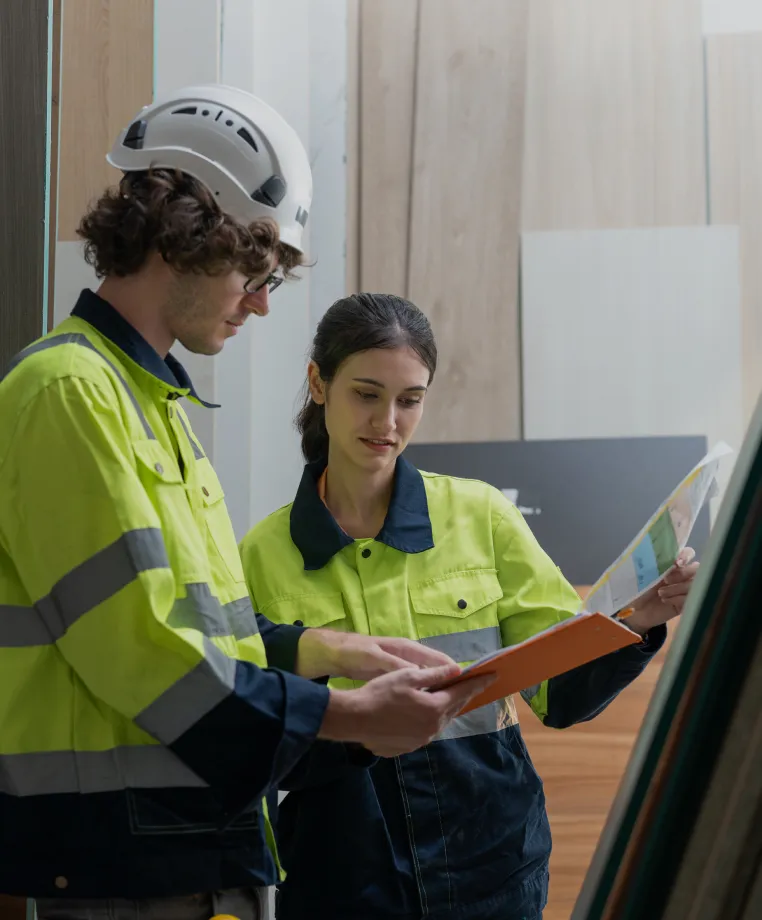 Two workers in hi-vis reviewing a document