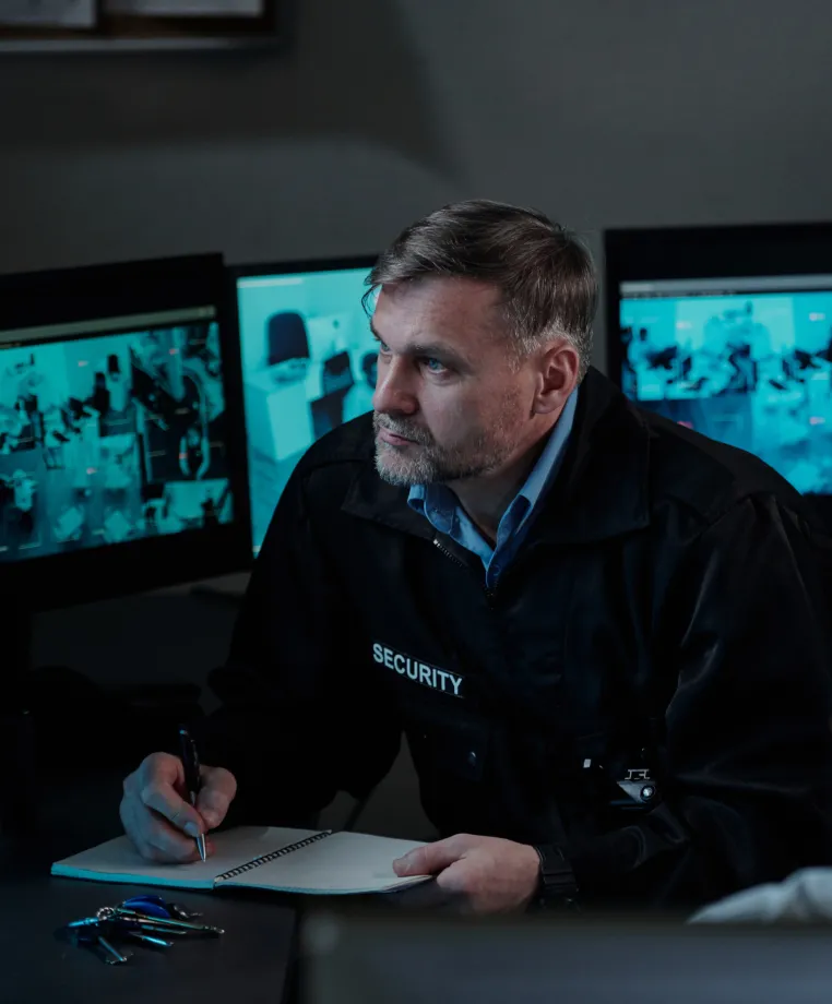 Security guard monitoring CCTV screens