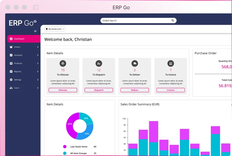 Screenshot of the ERP Go dashboard