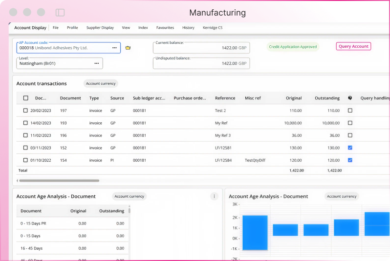 Screenshot of the ERP One account dashboard