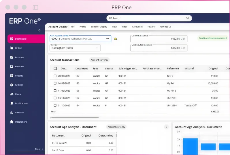 Screenshot of the ERP One account dashboard