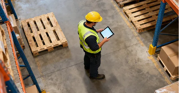 Worker in hi-vis using a tablet by pallets