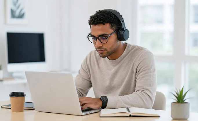Man using a laptop wearing headphones