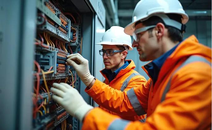 Two workers inspecting an electrical panel