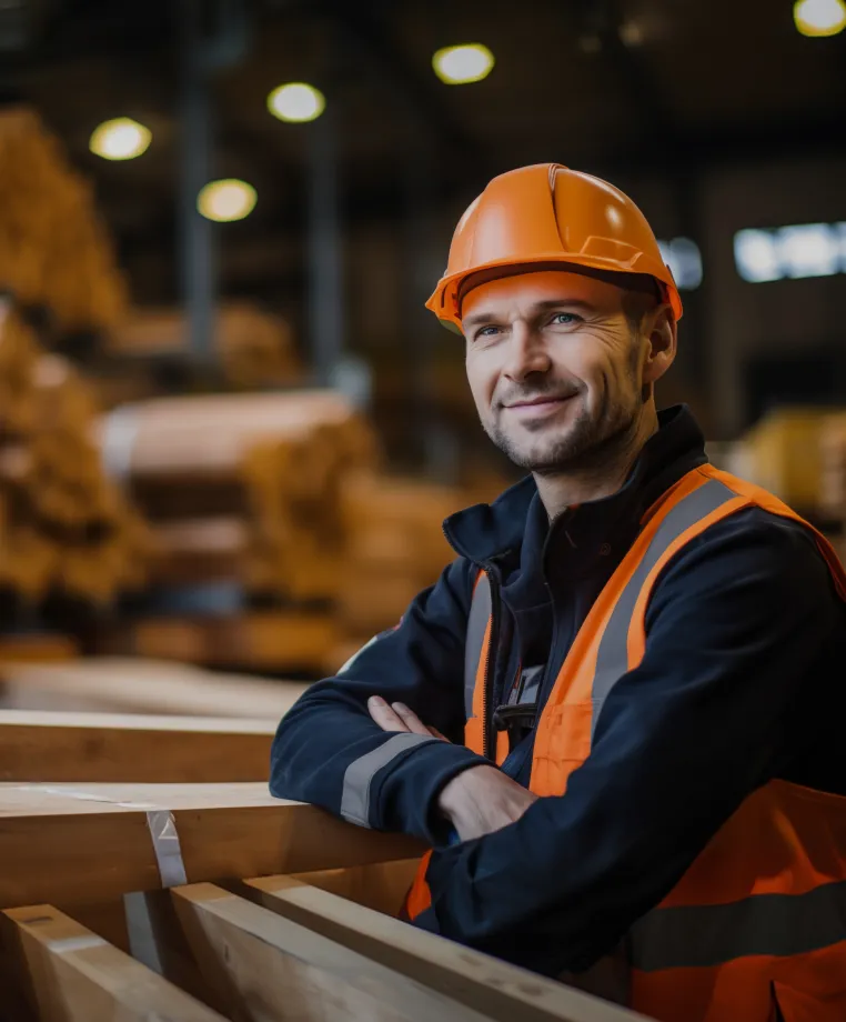 Smiling worker in hi-vis at a building materials distributor
