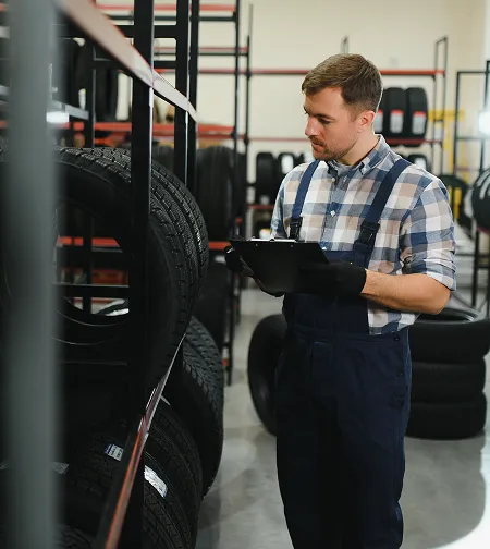 Worker using a tablet by tires in a store