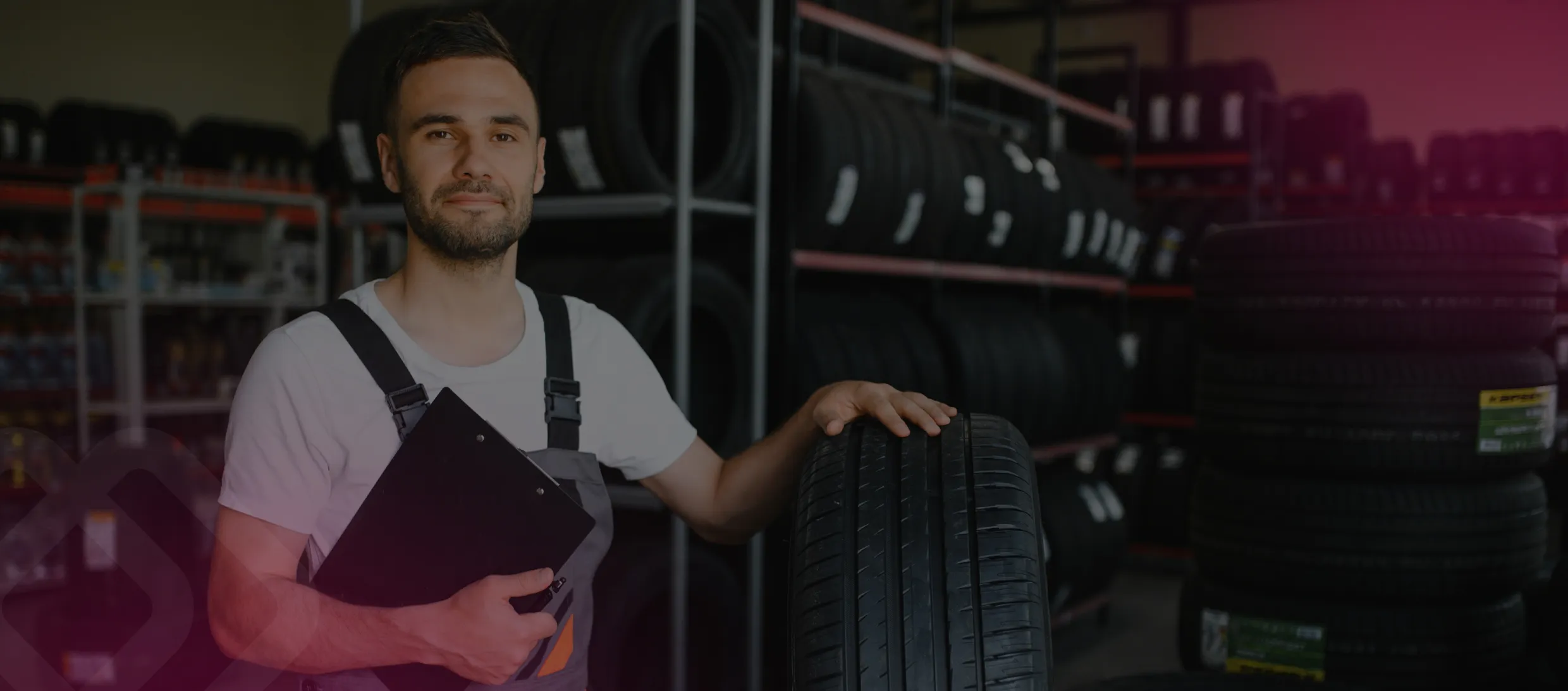 Worker with a clipboard at tire shelves