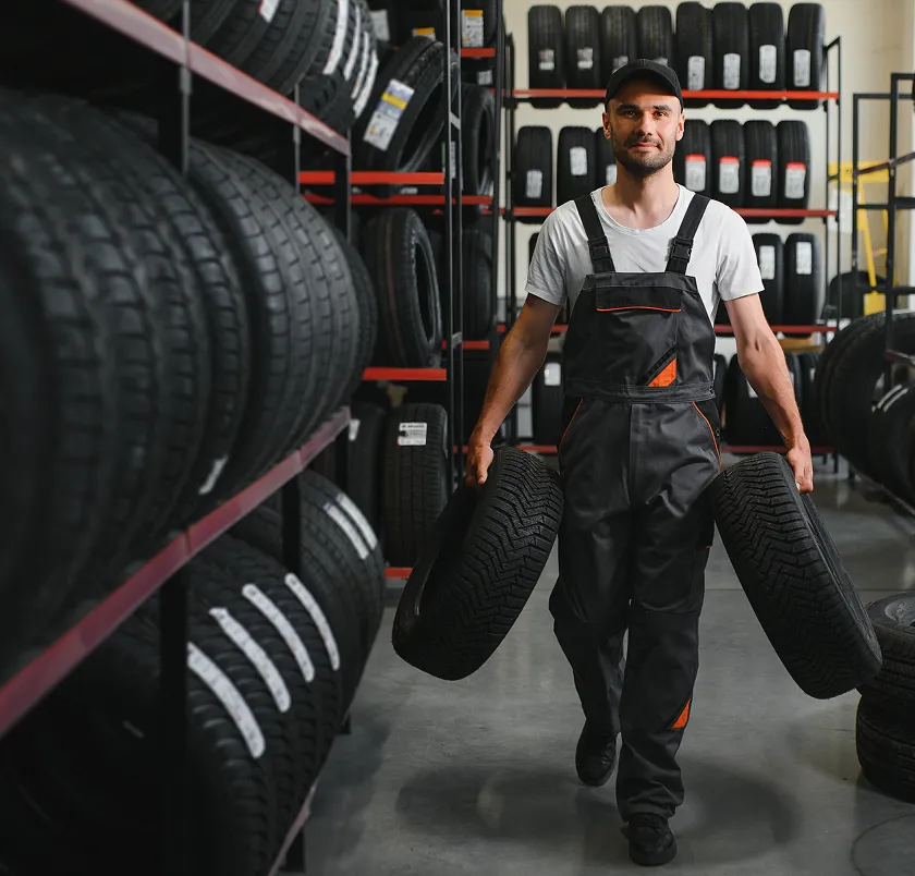 Worker carrying a tire in a tire storage warehouse
