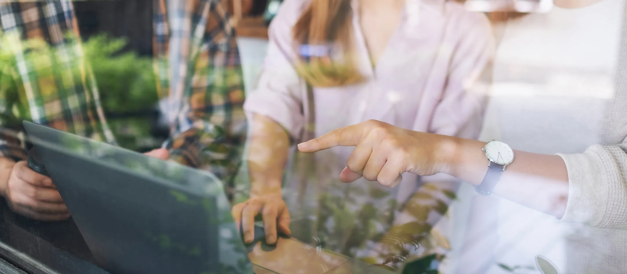 Hands using a tablet among plants