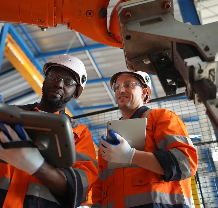 Two workers in hi-vis using tablets beneath industrial machinery