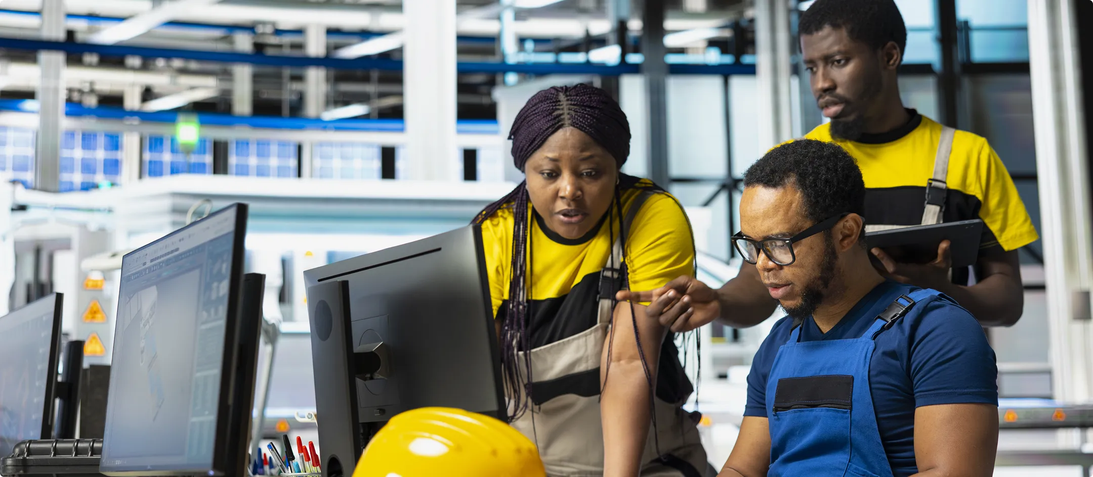 Two workers reviewing information at a computer