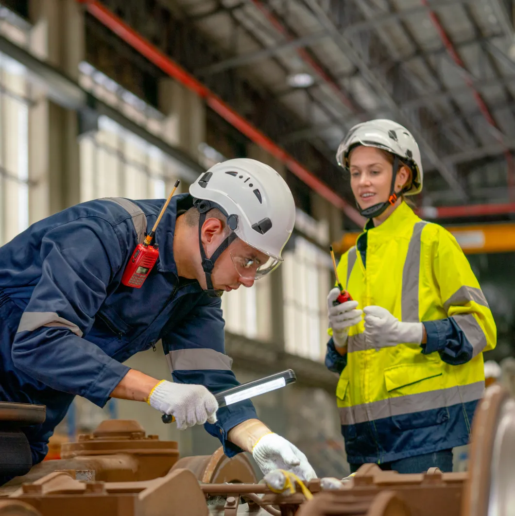 Two workers inspecting machinery in a plant