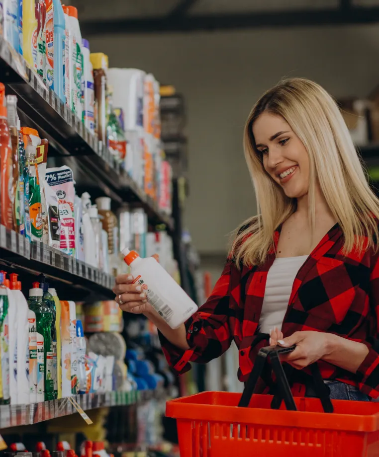 Cleaning supplies on shelves