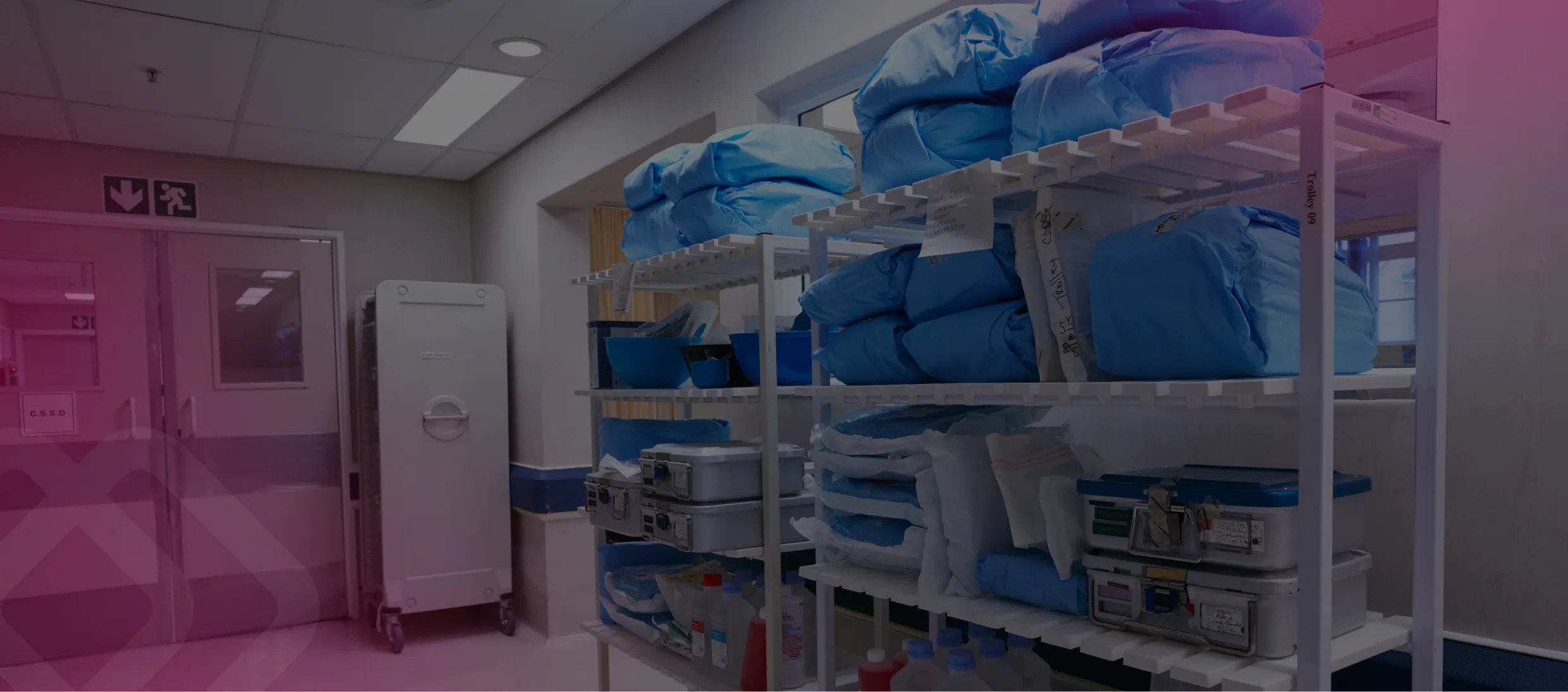 Medical supplies on warehouse shelves