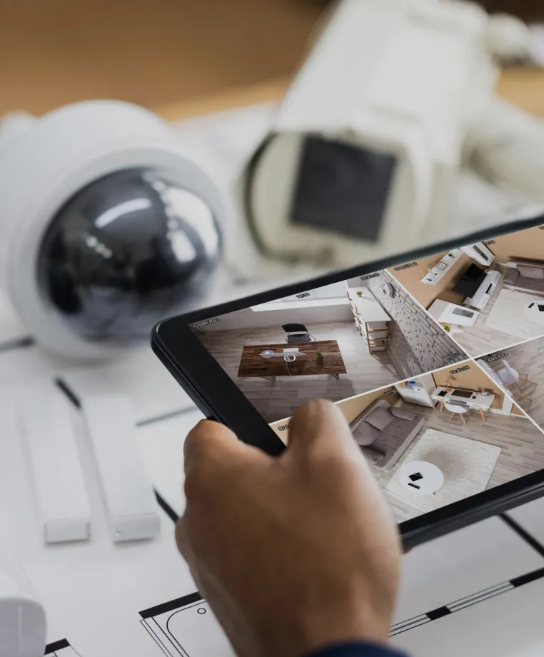 Hand using a phone beside a security camera