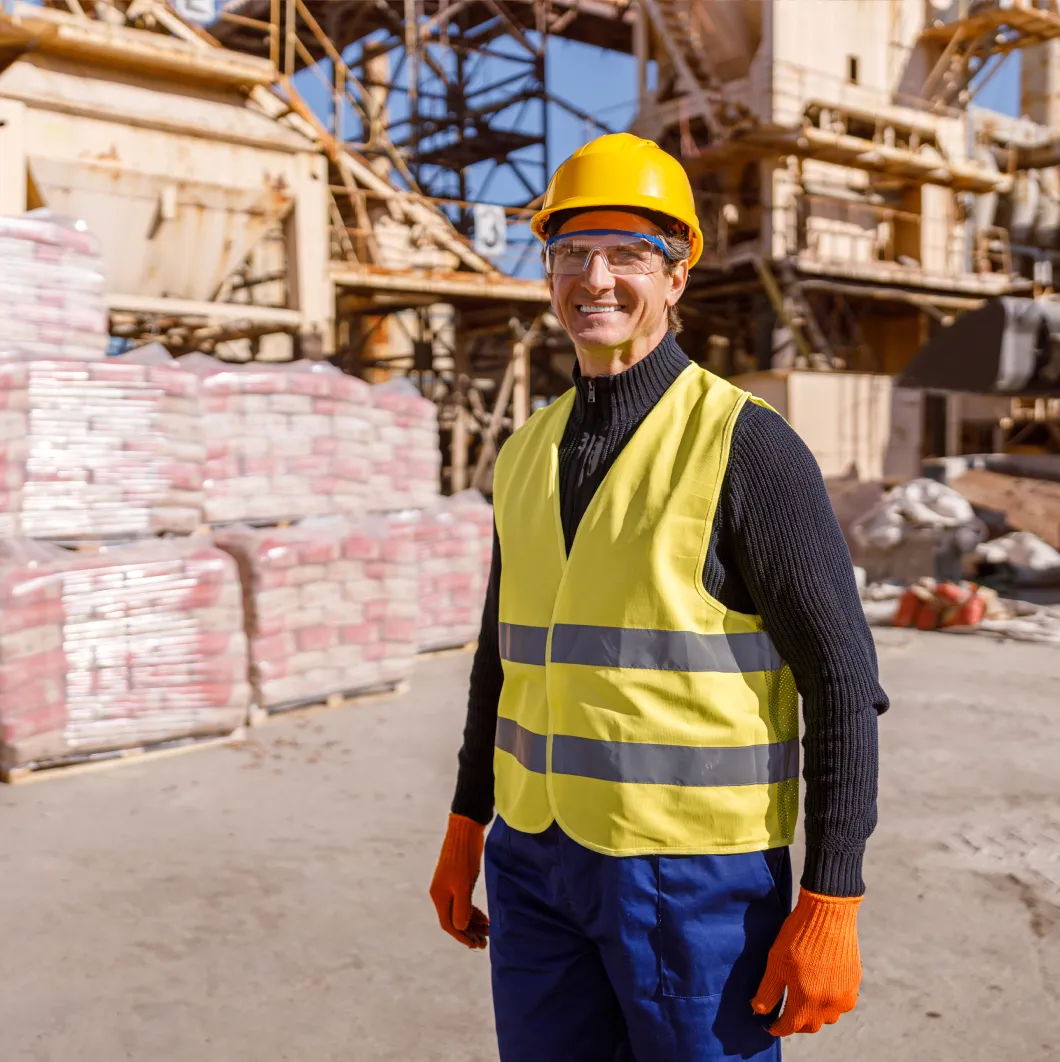 Smiling worker in hi-vis at a building materials yard