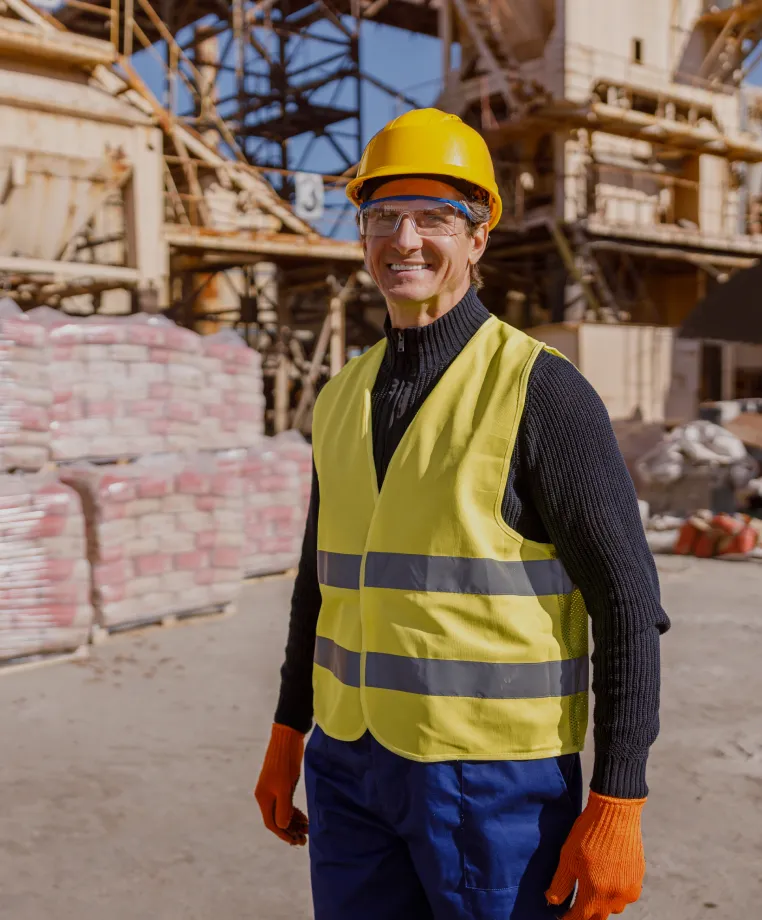 Smiling worker in a hi-vis vest at a building materials yard